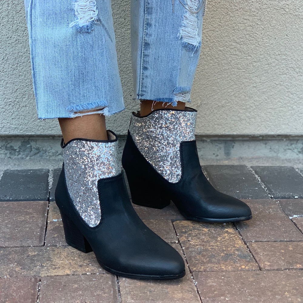 Black/Silver Glitter Embellished Ankle Booties - Picture 7 of 8